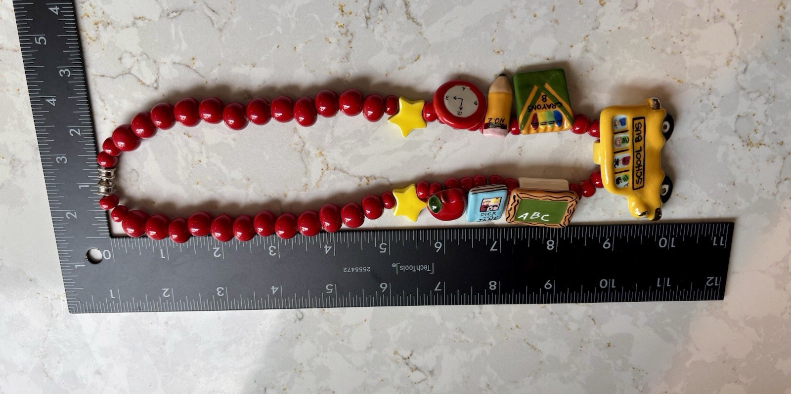 Vintage Flying Colors Ceramic School Bus Teacher Necklace Dick Jane 1980s