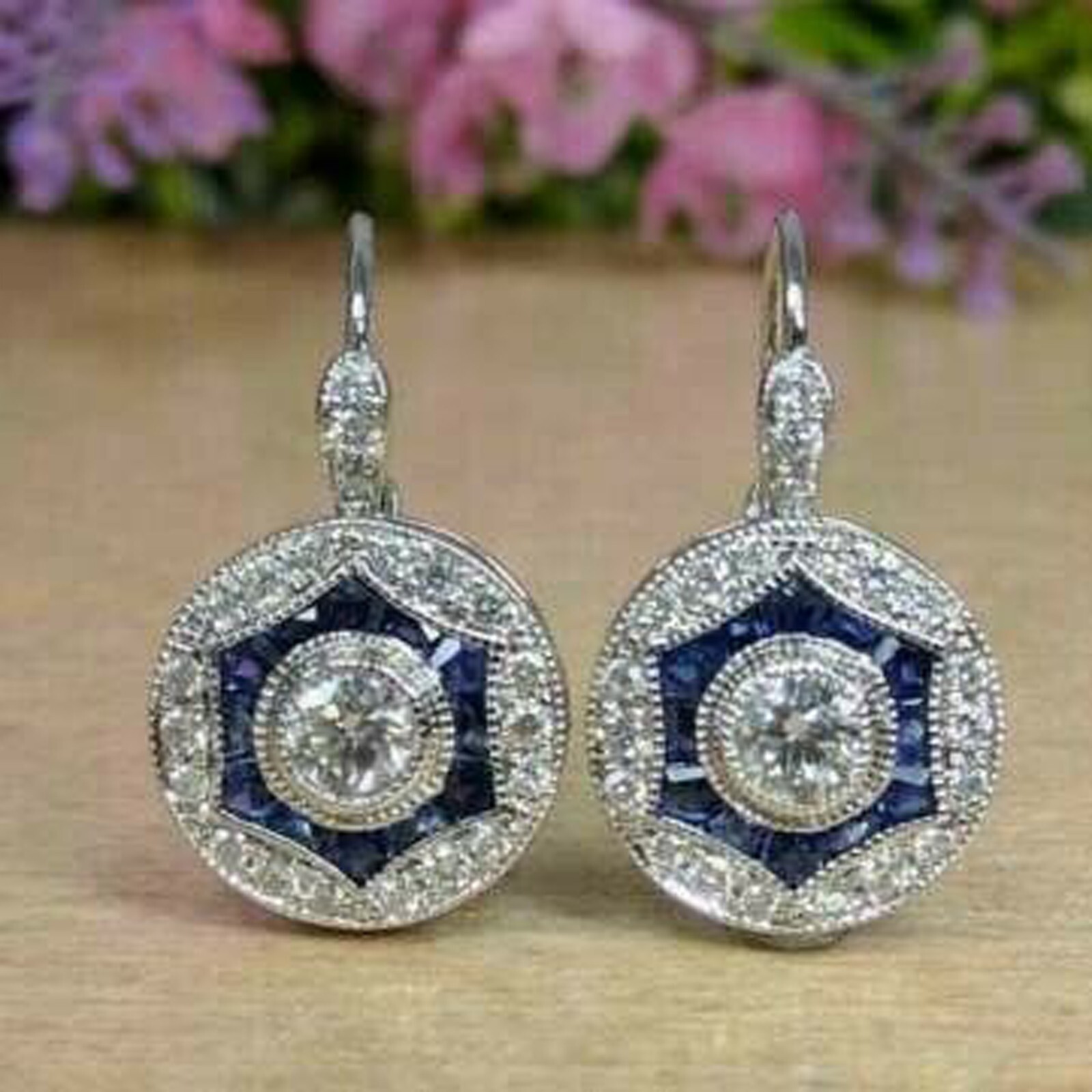Art Deco 2CT Simulated Diamond Halo Leveback Earrings 14K Gold Plated Silver