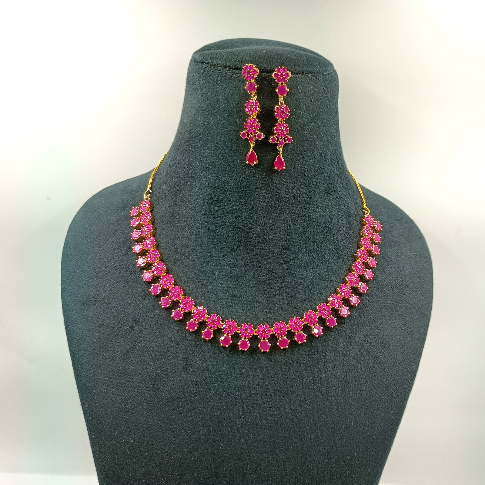 Indian 22k Gold Plated Ruby Floral Statement Necklace Set Wedding Jewelry