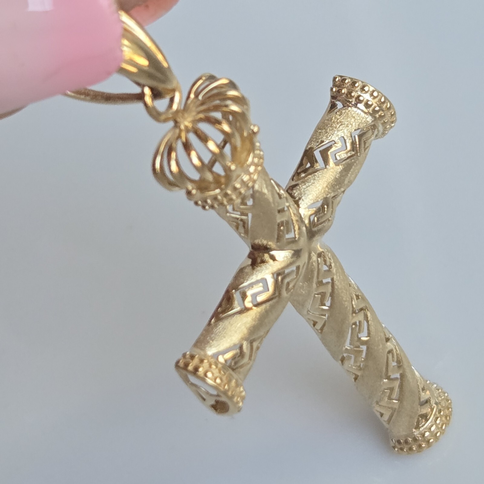10k Gold Crown Cross Pendant Charm 1.95 inches long Medium Catholic Greek Key