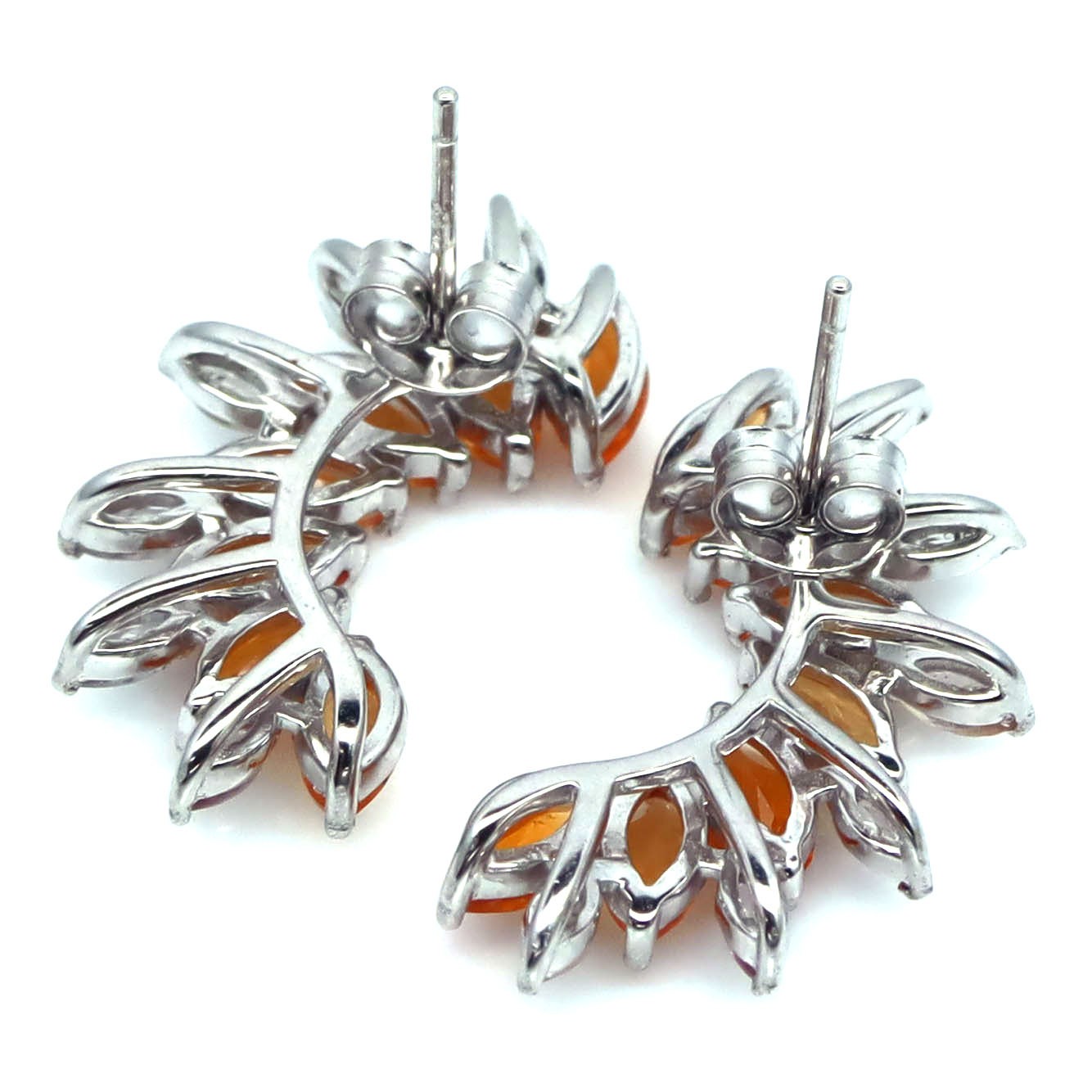 925 Sterling Silver 3 x 6 MM. Orange Fire Opal & Sapphire Birthstone Earrings