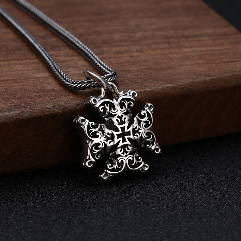 S925 Sterling Silver FILIGREE IRON CROSS Pendant Layered Gothic Biker Ornate