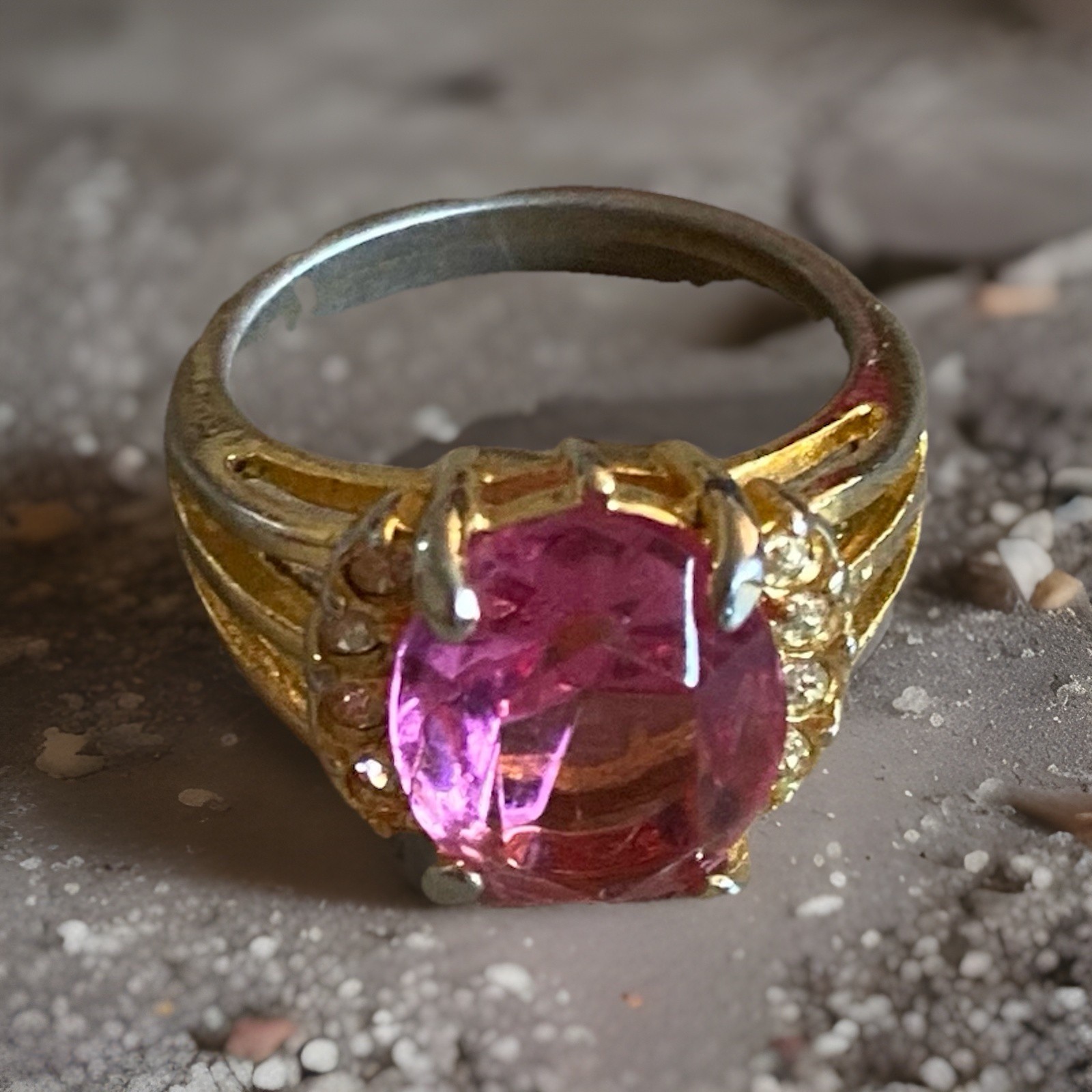 Pink Ice Stone Cocktail Ring Prong Setting Size 6.5 With Gold Color Band