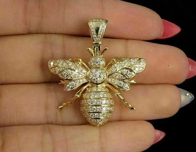 2Ct Round Cut Created Diamond Unisex Honey Bee Pendant 14K Yellow Gold Plated