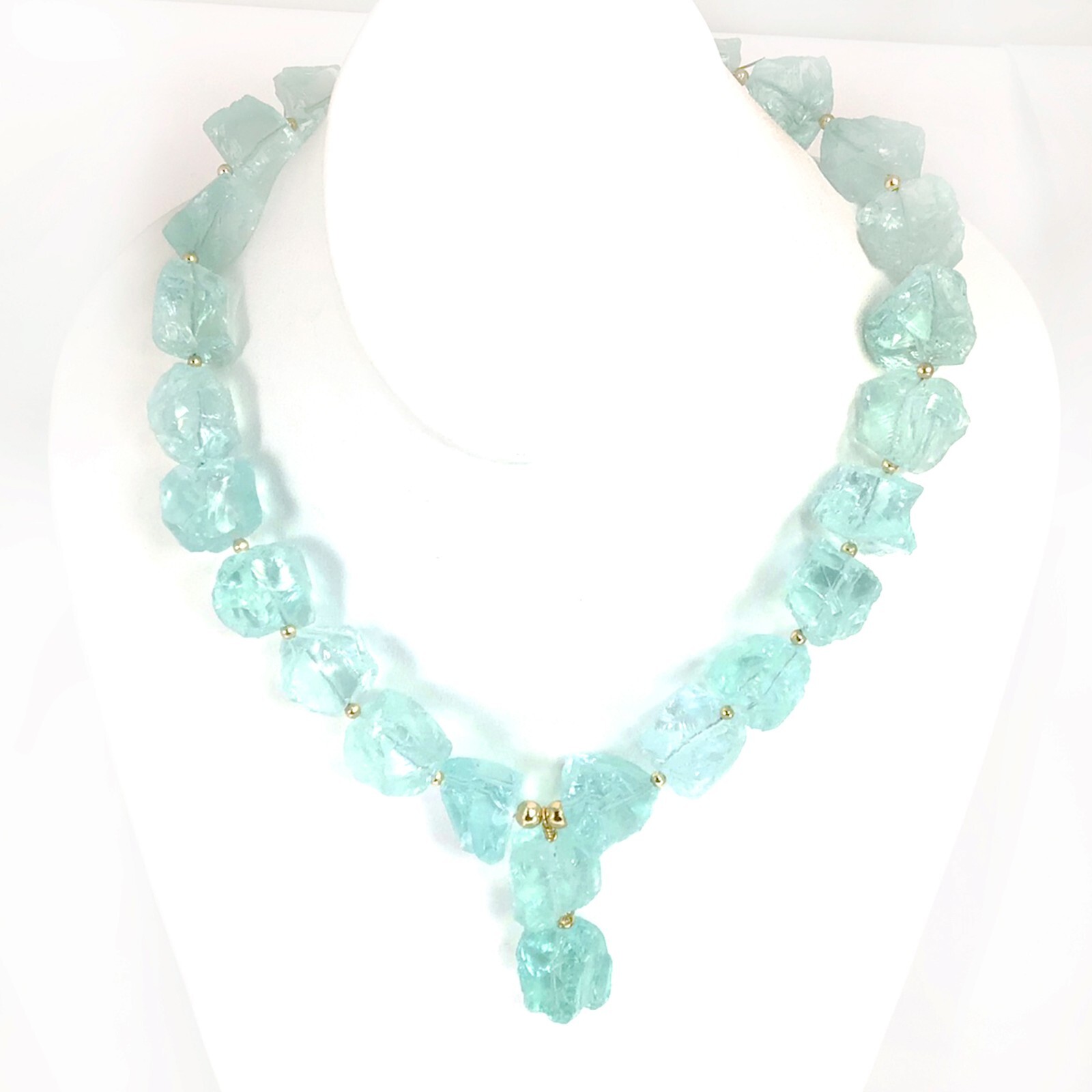 Blue Aqua Aquamarine Nugget Statement Necklace, March Birthstone, Gold 18″