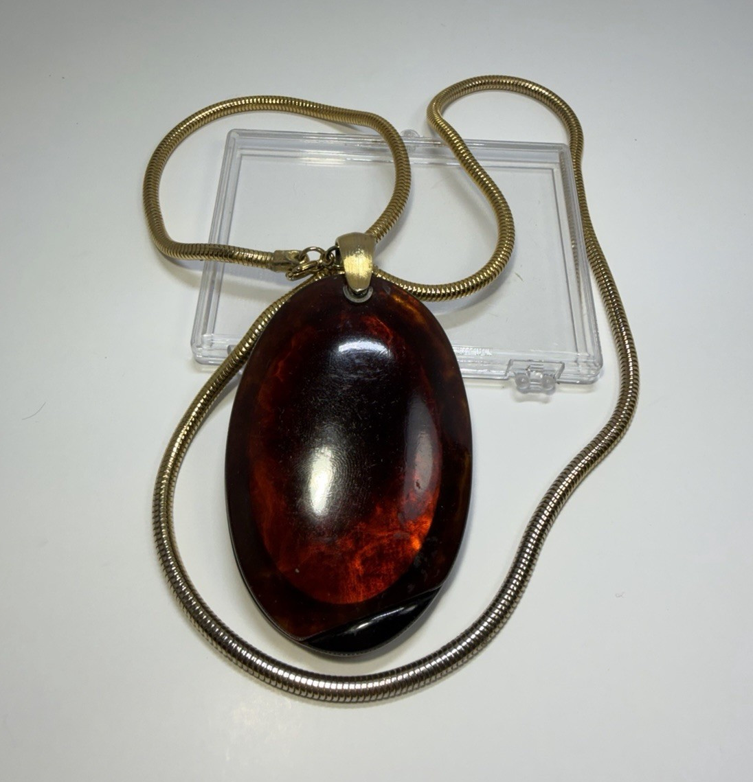 Vintage Tortoise Lucite Compact Mirror H&S Originals Gold Tone Snake Necklace