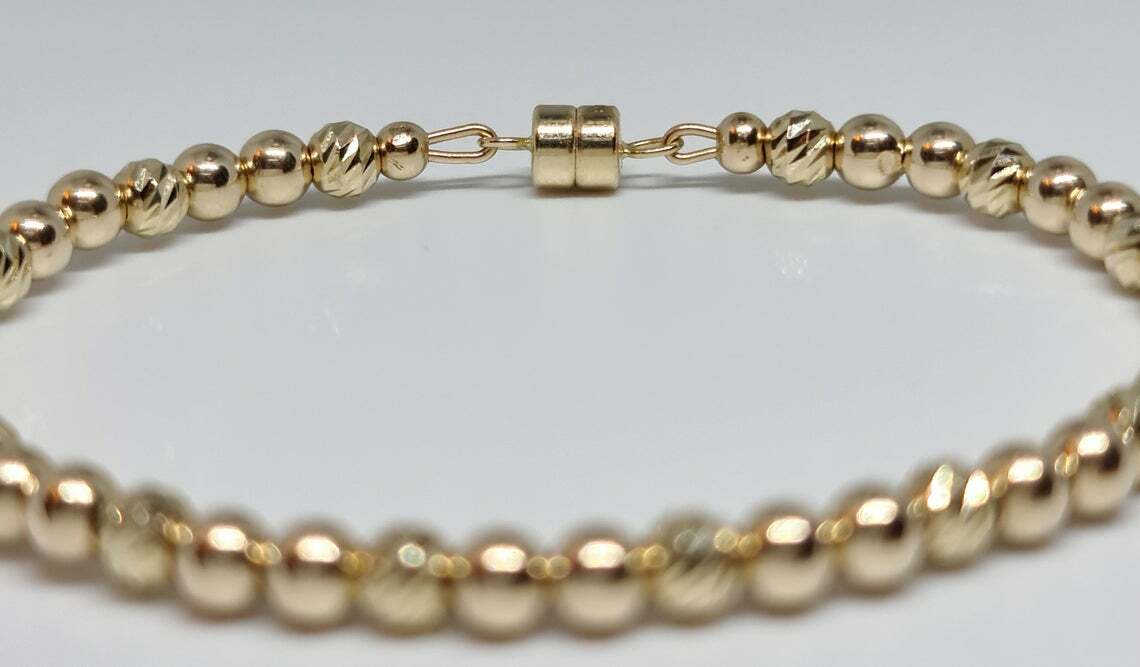 14K Solid Yellow Gold Bar Cut Faceted/Smooth Round 4mm Magnetic Unisex Bracelet