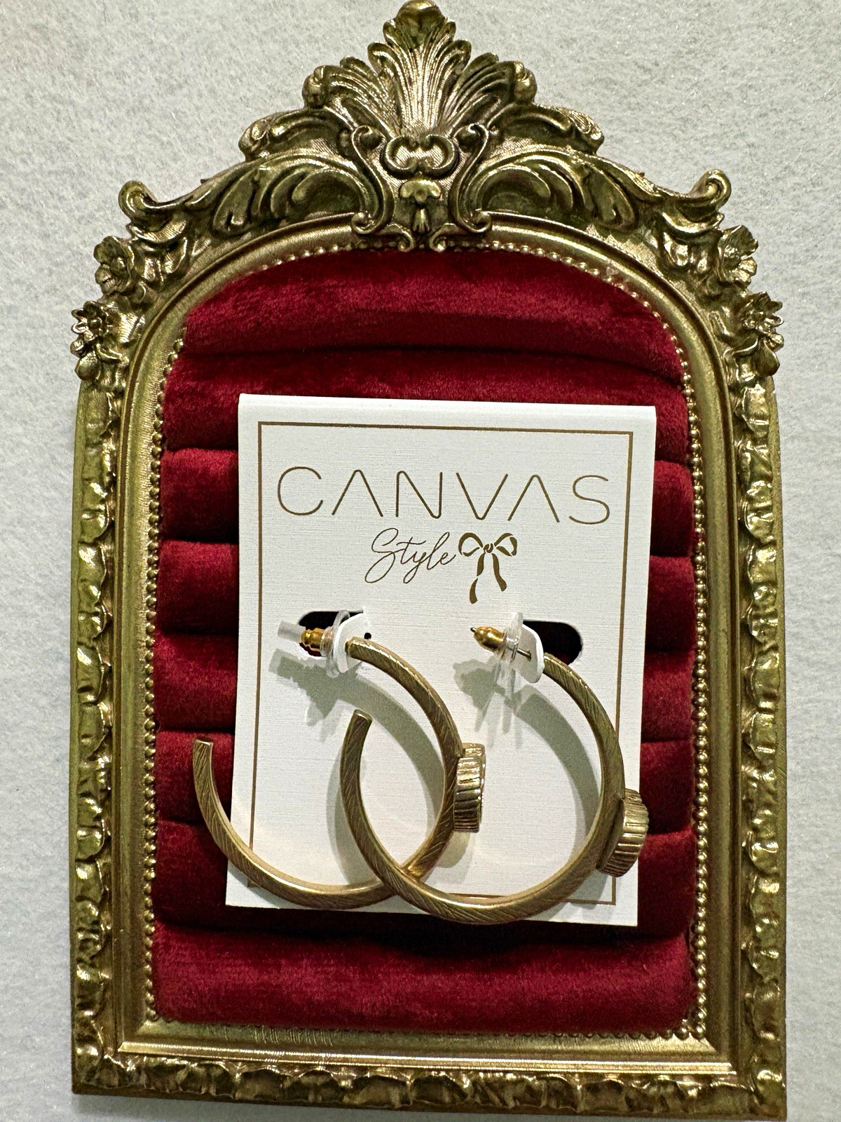 Canvas Style Gold Tone Hoop Earrings Heart Charm Clear CZ Pavé Hinged 1.75in