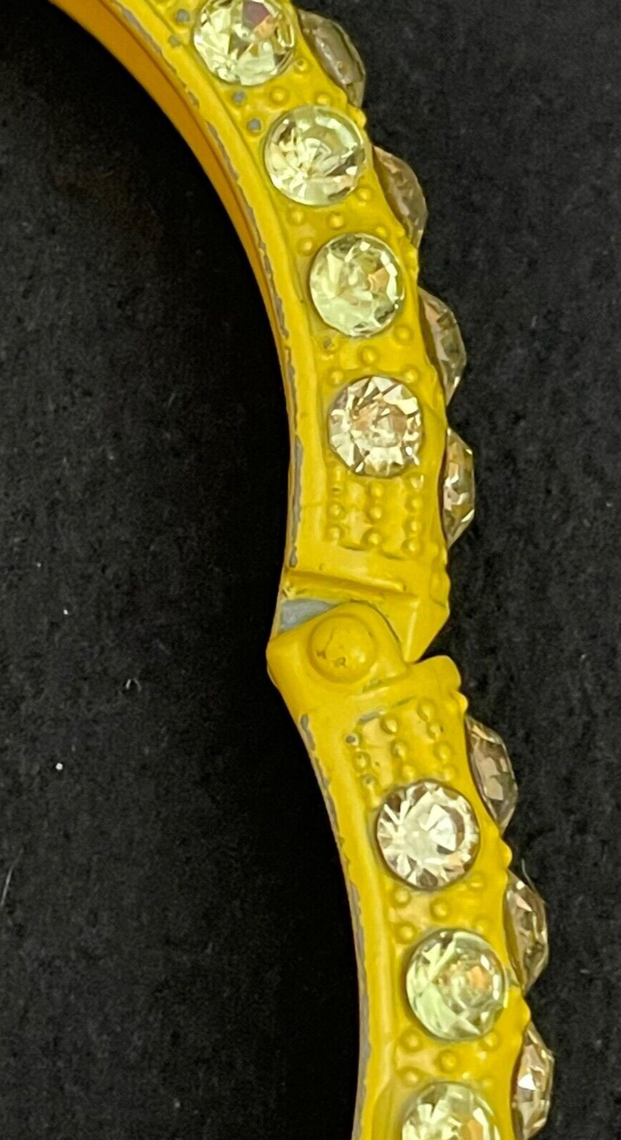 Bracelet Bright Yellow Painted Metal Hinged Heavy Multiple Rhinestones Retro