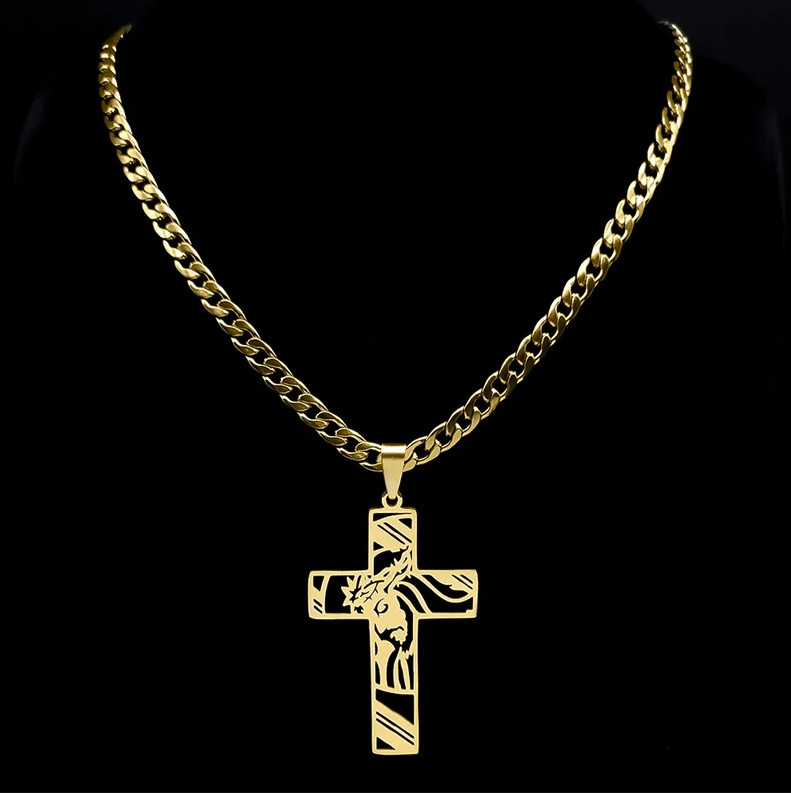 Cadena De Enlace Cubano Para Hombre Collar Con Colgante De Cruz Acero Inoxidable