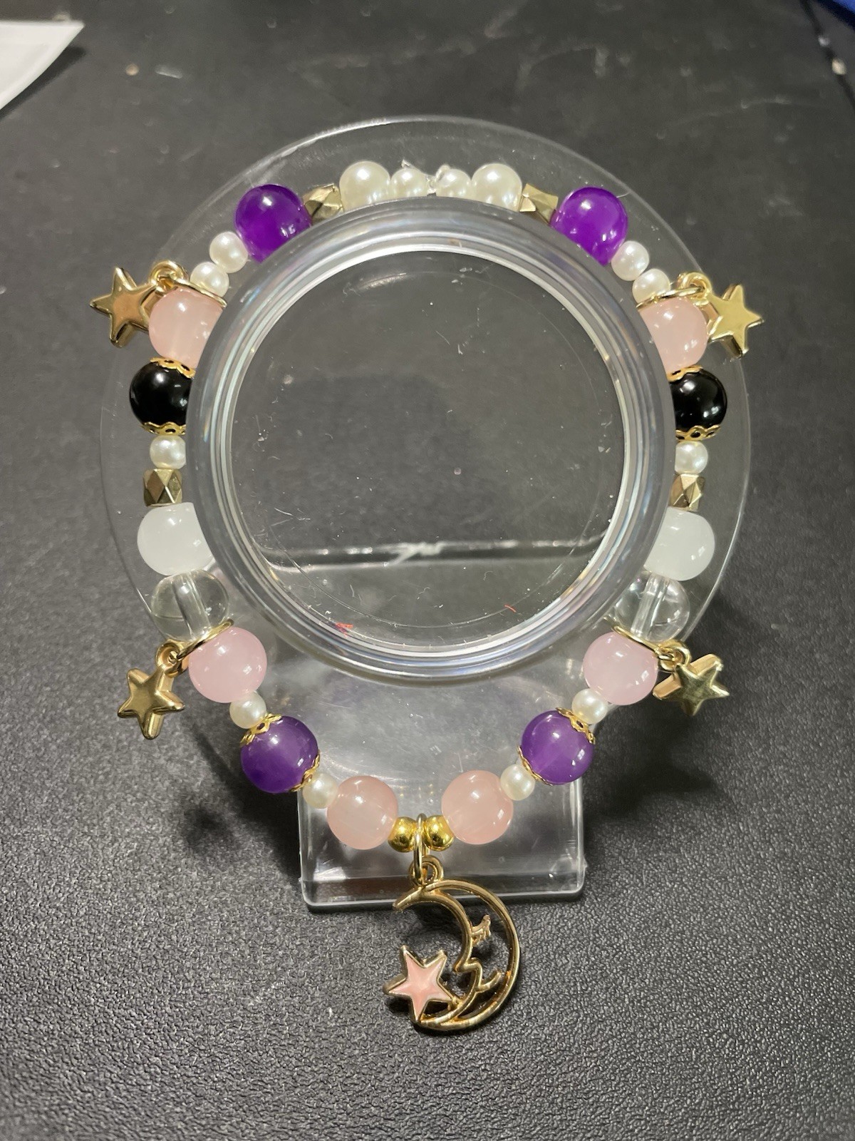 Multicolor Beaded Stretch Charm Bracelet Moon & Star Dangle, Celestial