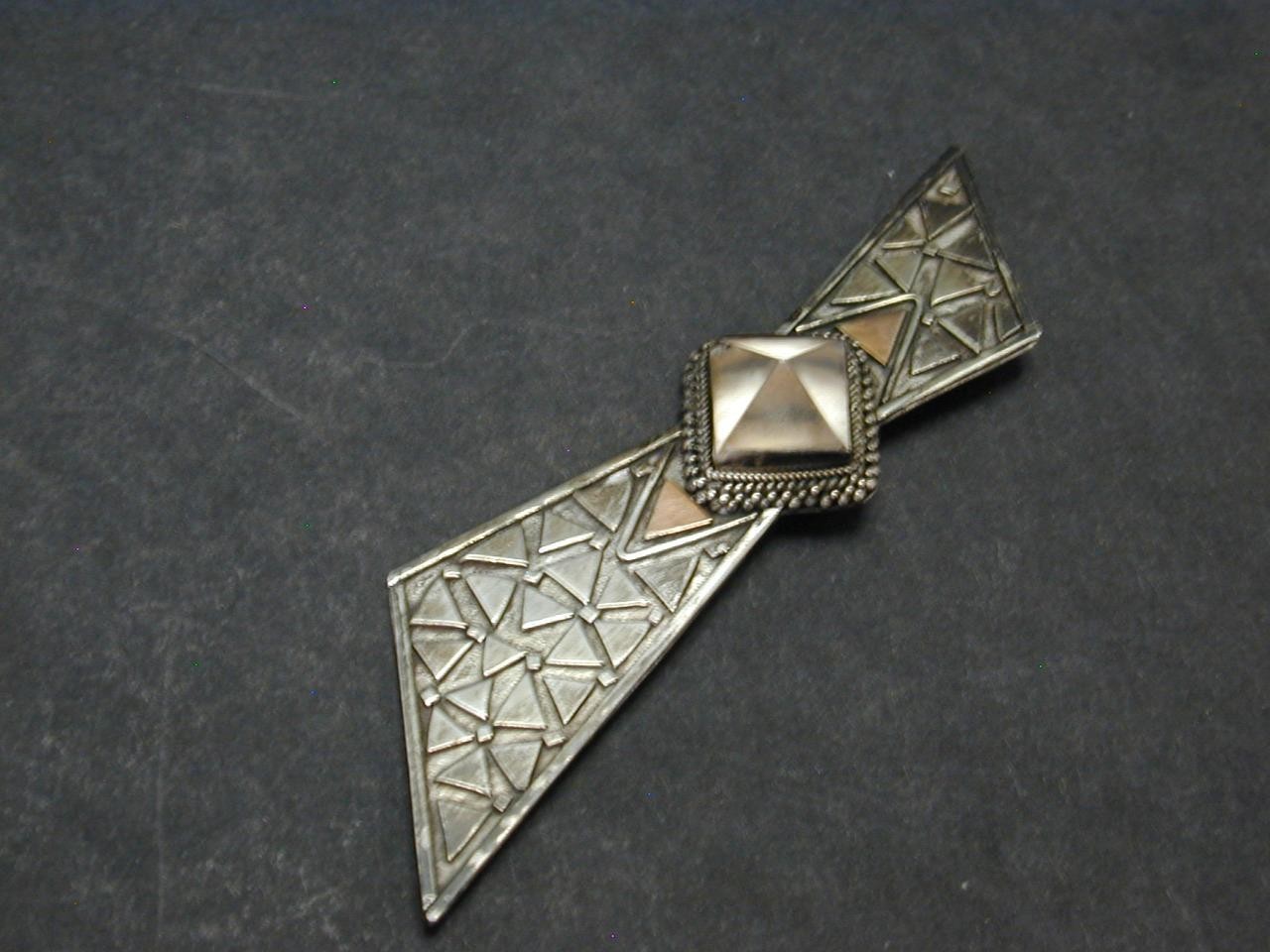 Vtg MCM Studio Modernist Sterling Copper Textured Quartz? Bow Brooch Pin Silver