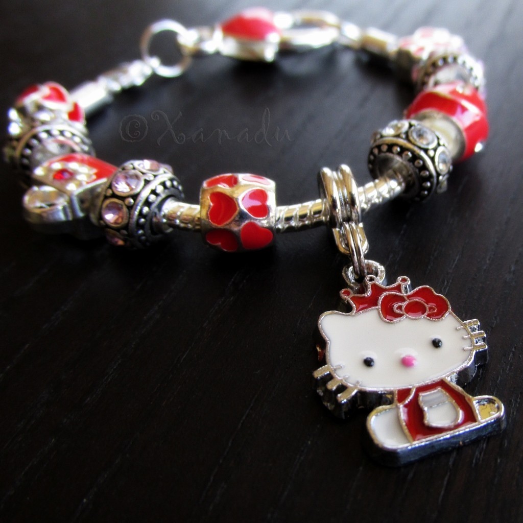 Red Hello Kitty Princess European Charm Bracelet With Ruby Red Rhinestone Beads