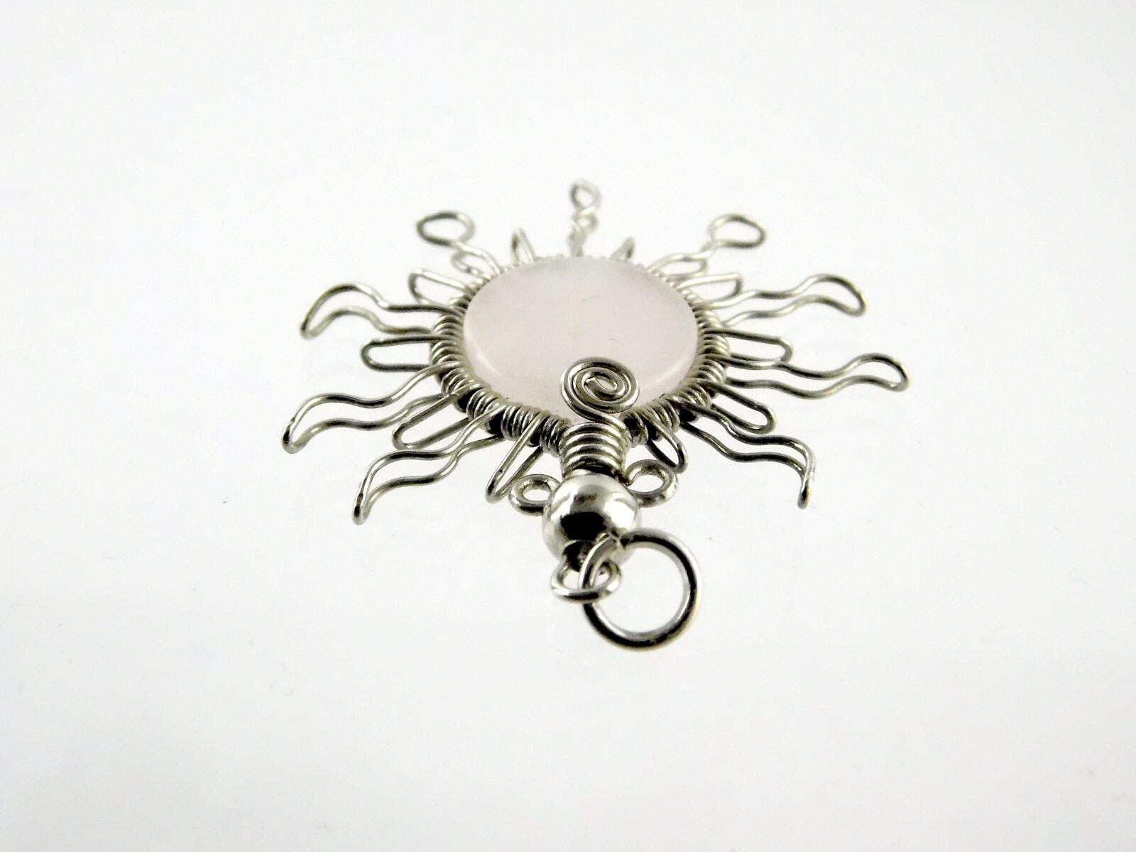Unmarked Silvertone Metal and Wire Wrapped Quartz Sun Pendant 1.75 Inches 6g