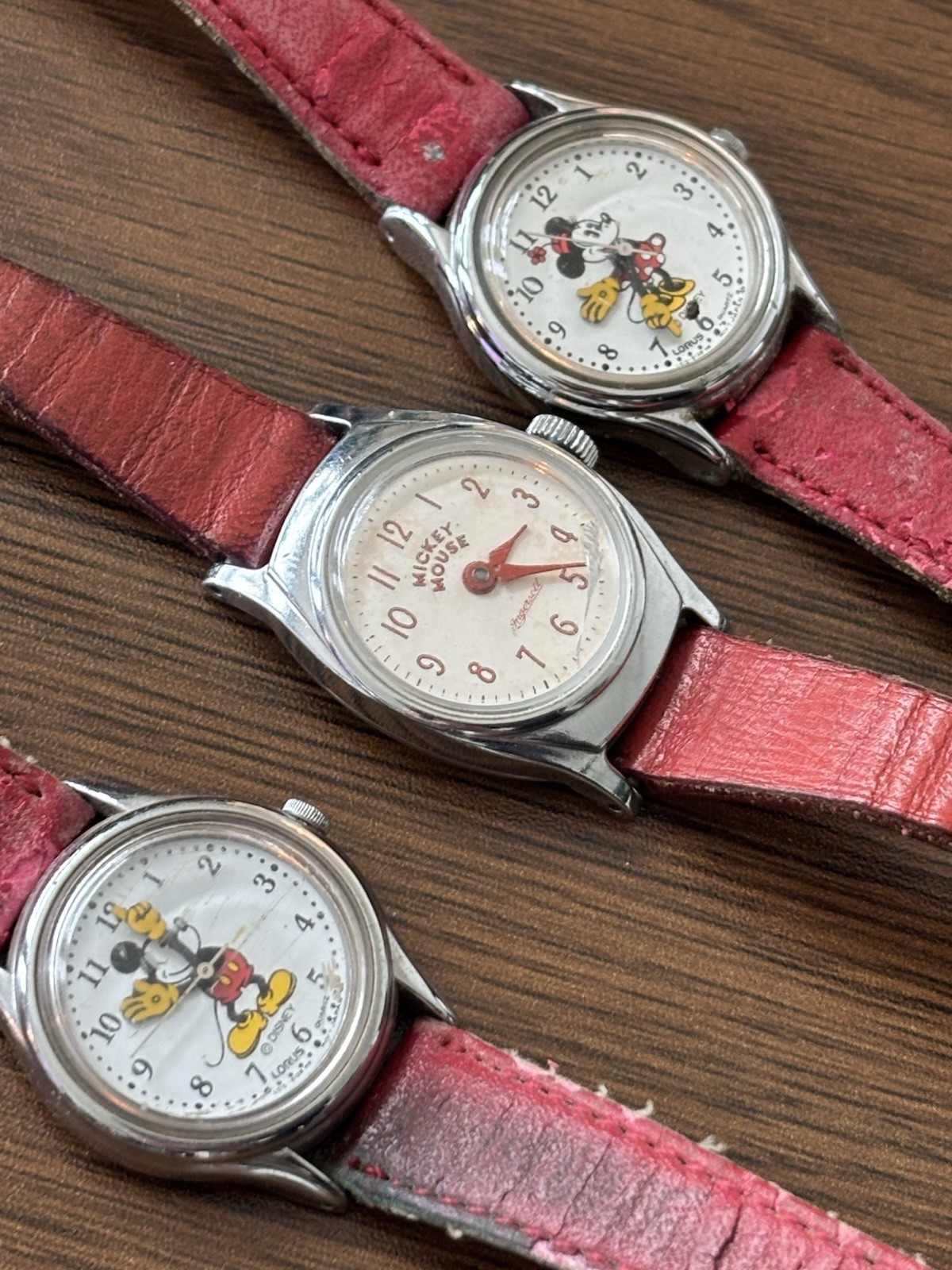 DISNEY Vintage Mickey Mouse Watch Lot (3) Ingersoll Mechanical Lorus Quartz Red