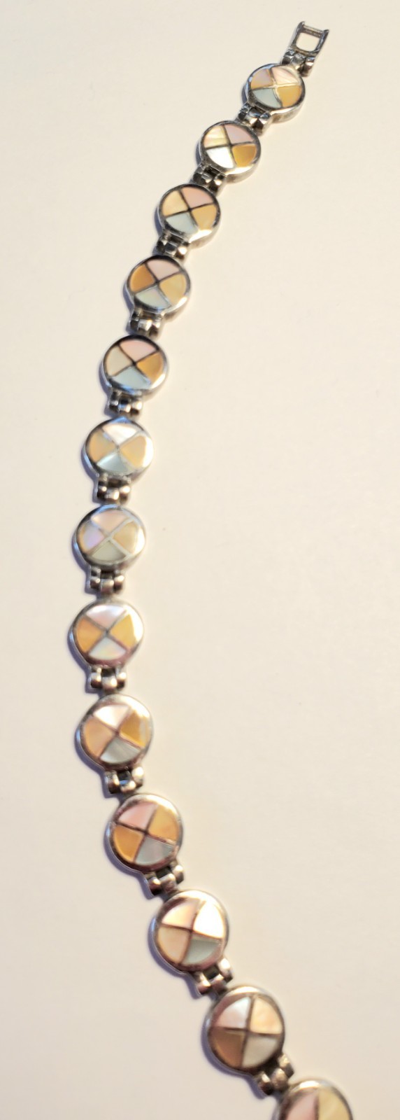 Vintage Bracelet, Sterling Silver & Shell, Artisan Made, 8 Inches Long