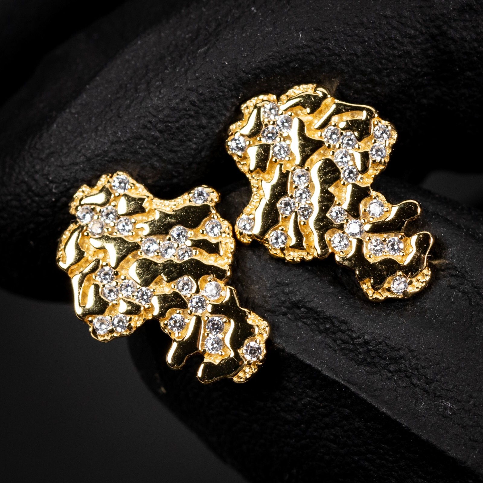 Hip Hop Yellow Gold Plated 925 Sterling Silver Nugget Men’s Screw Back Earrings