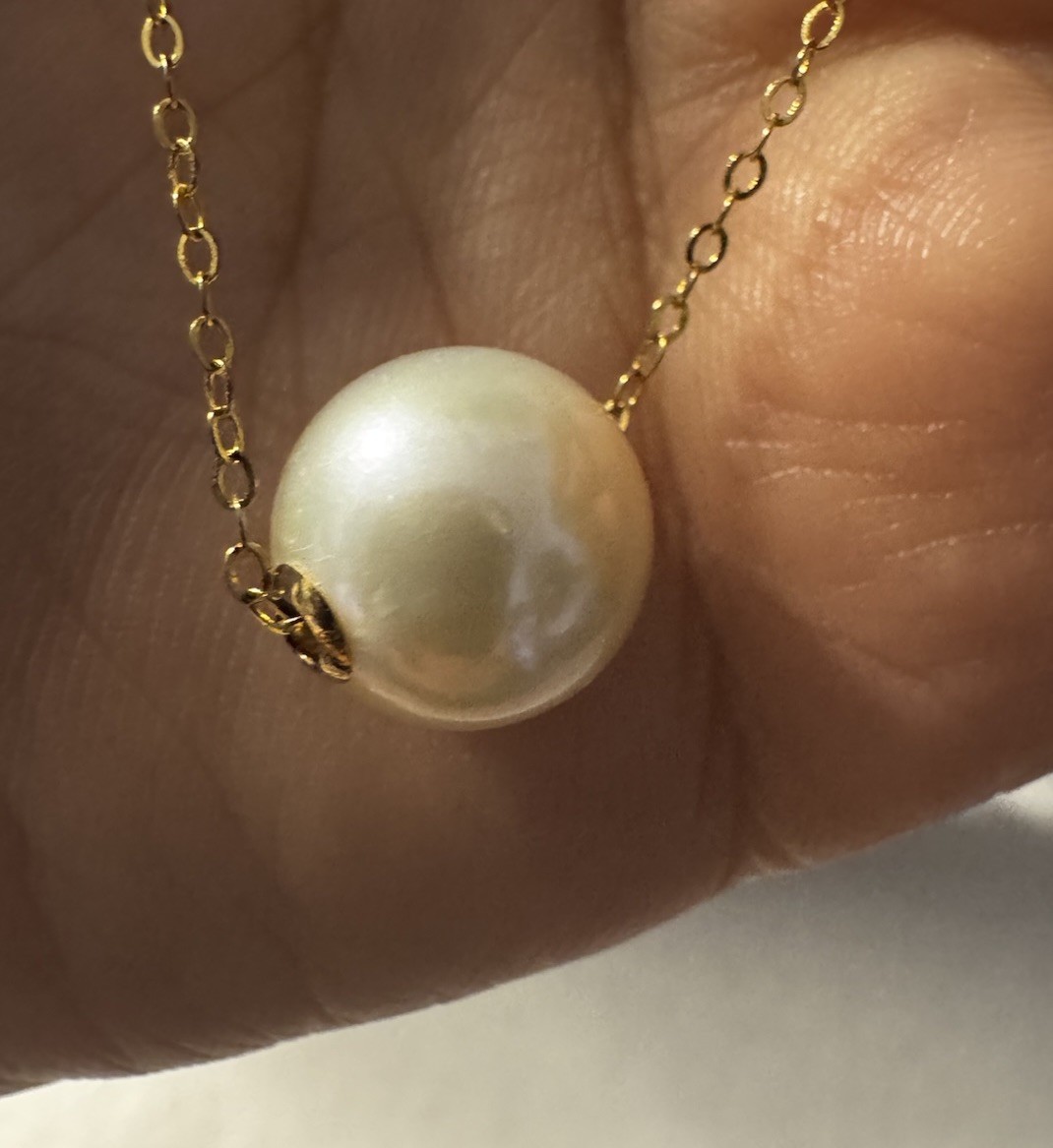 white freshwater pearl round 10.8mm lulutong 18k gold Pendant 925 Necklace NIB