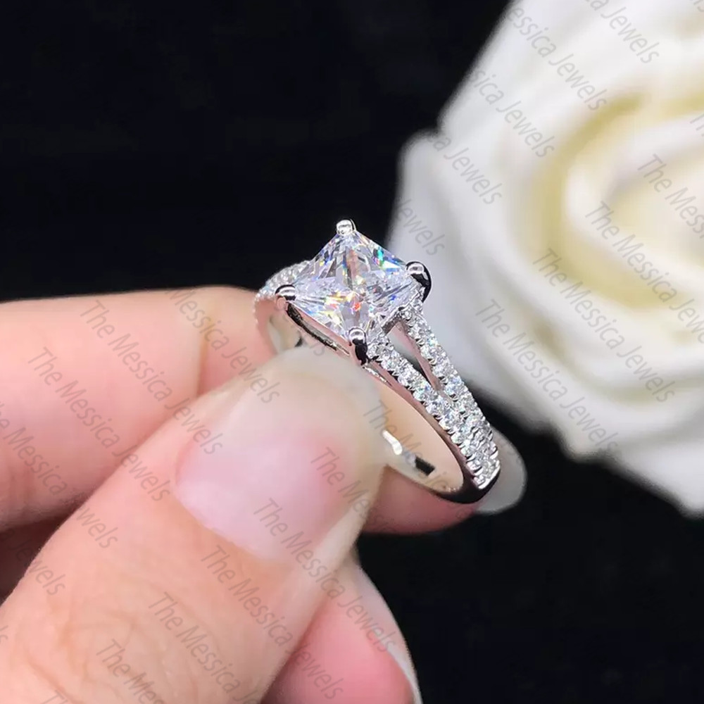 2.0 TCW Princess Cut Moissanite Split Shank Engagement Ring 925 Sterling Silver