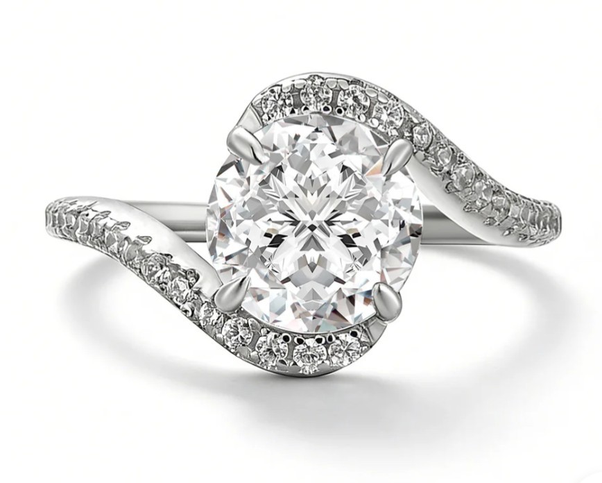 2ct Round Moissanite Bypass Ring • VVS1 D Excellent • Platinum Plated S925- Sz 5