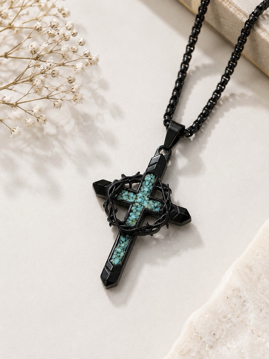 Black Cross Pendant Necklace Turquoise Inlay Crown of Thorns 24” Chain Christian