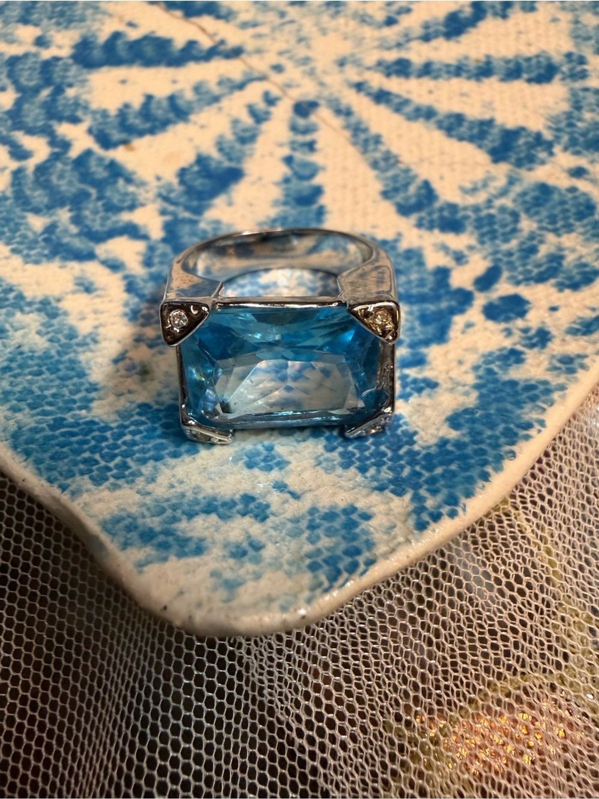 Bright Blue Crystal Cocktail Ring in Silver-Tone Setting