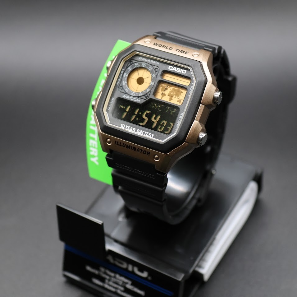 CASIO AE-1200WHD. Royale World Time Watch Mod. Gold Filter. Negative Display