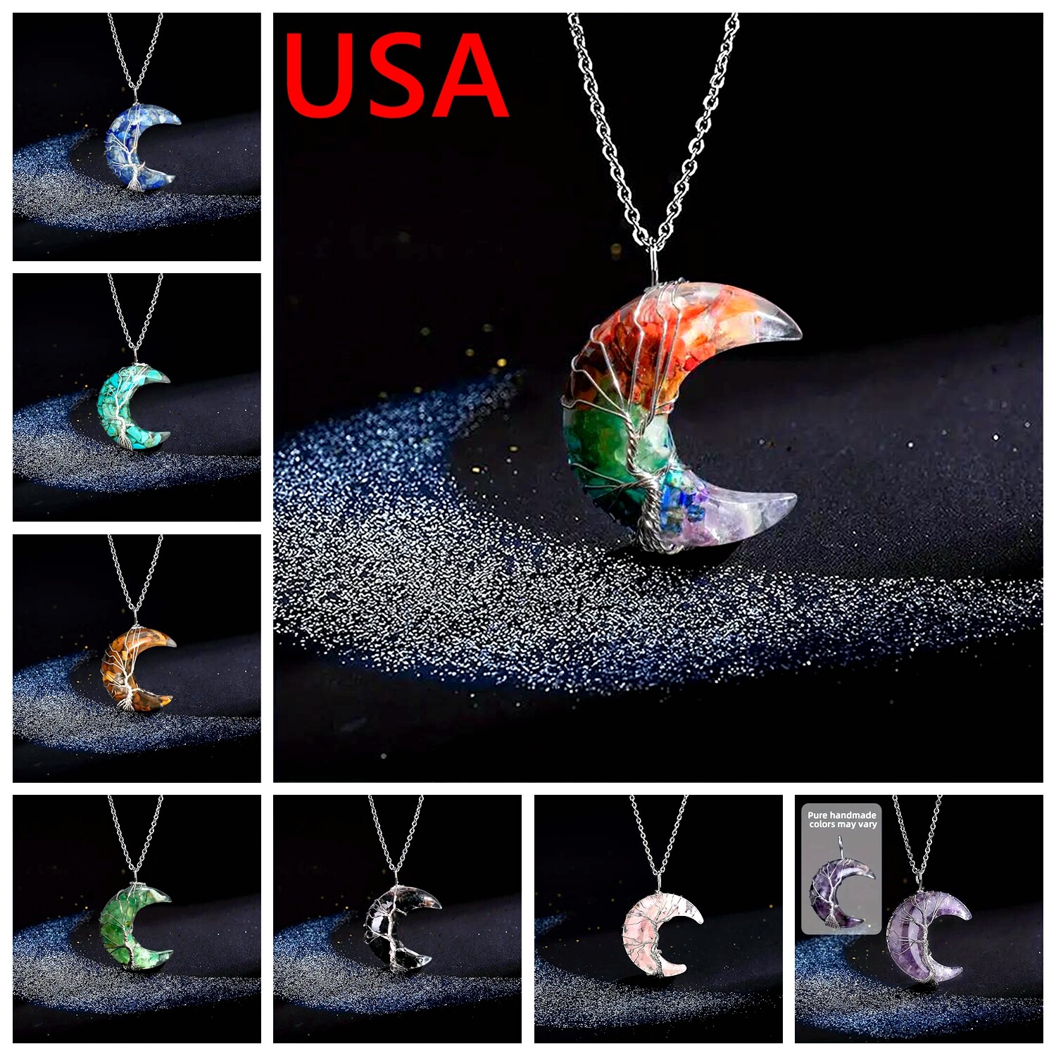 7 Chakra Healing Crystal Necklace Tree of Life Moon Stone Pendant Universal Gift