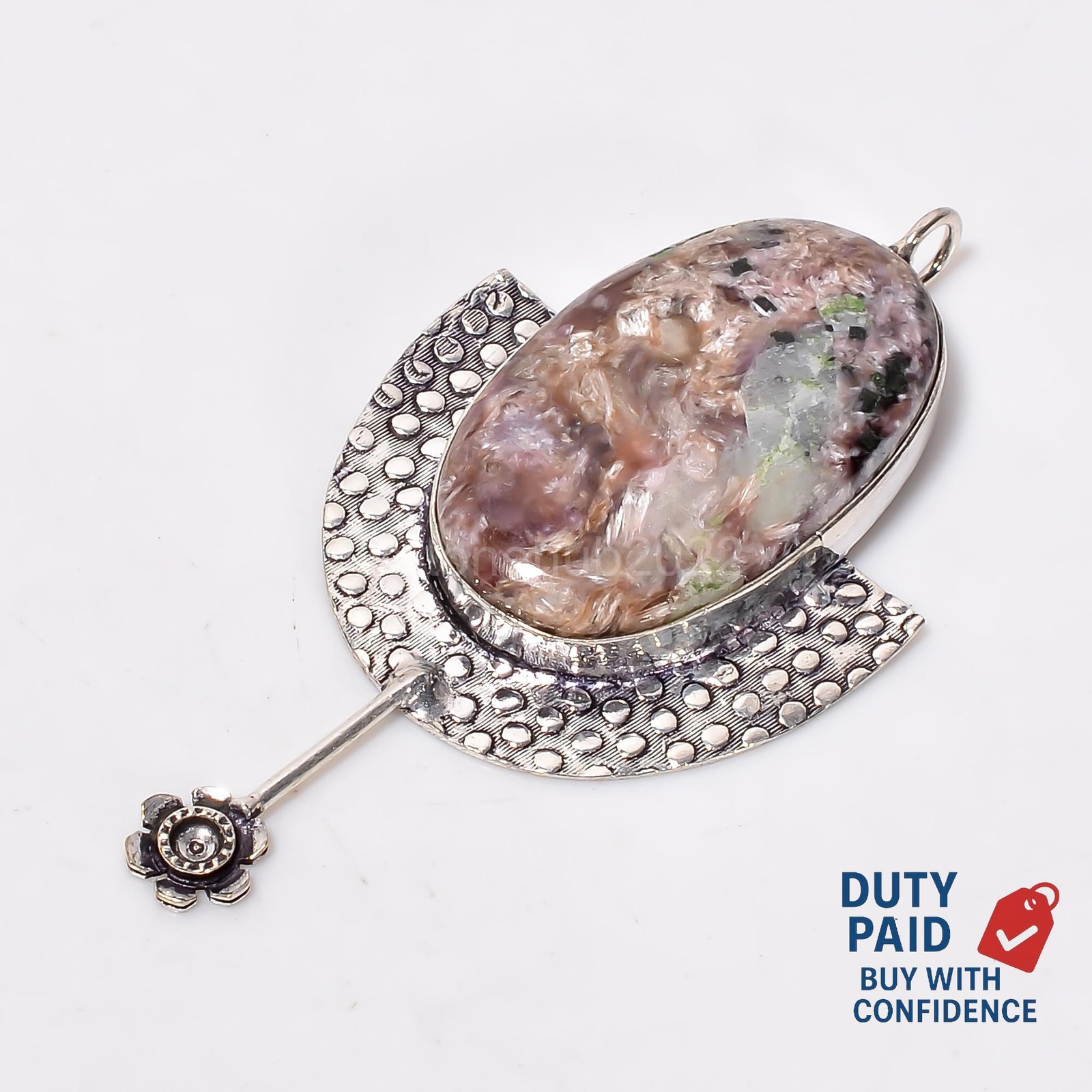 Oval Third Eye Chakra Natural Charoite 925 Silver Daughter Channel Set Pendant