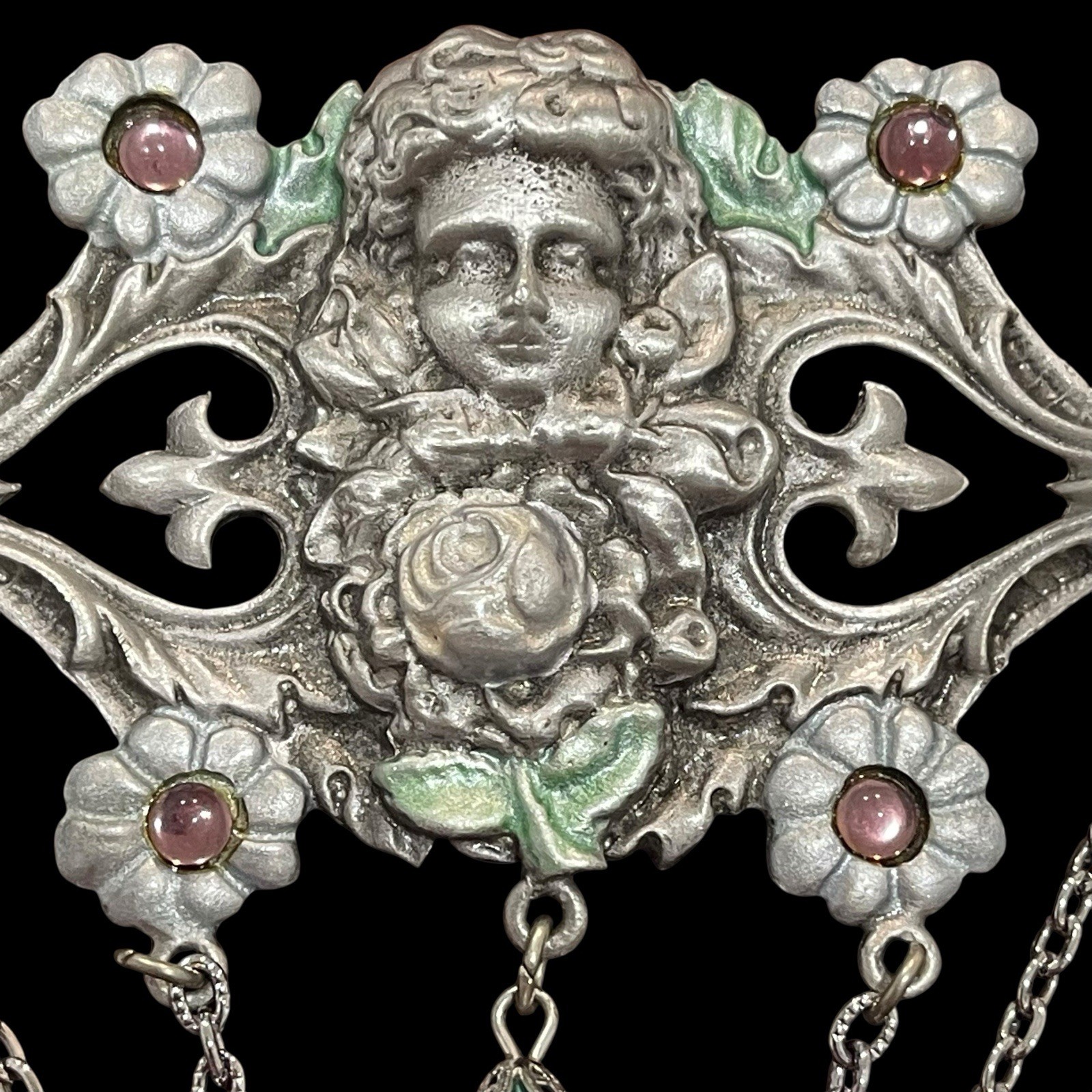 JJ Art Nouveau Pin Angel Cherub Flowers Tinted Silver Tone Green Teardrop Dangle