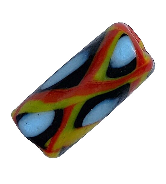 Bead, Glass – Older, .7″ Long, Black, Yellow, Red and White, Indonesian