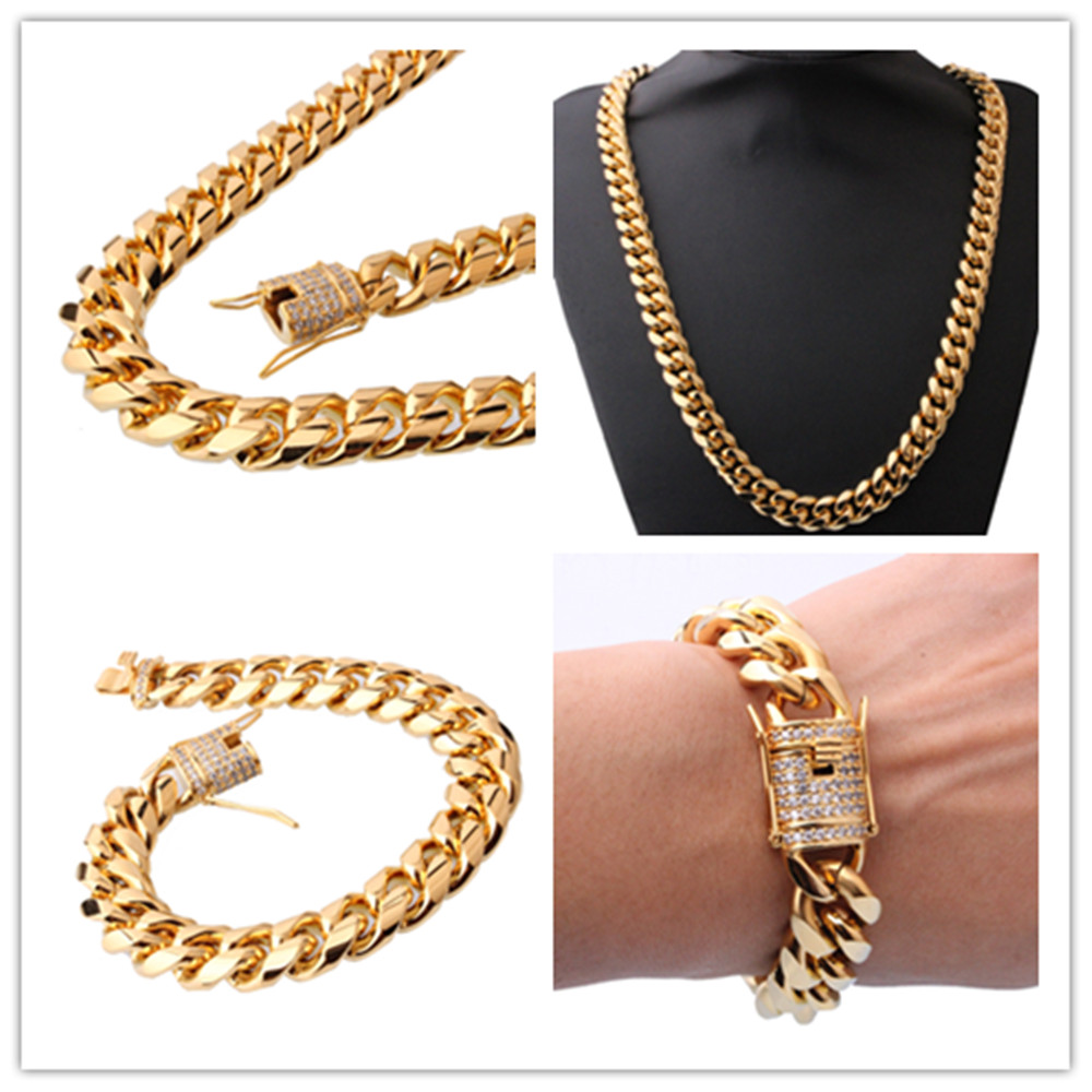 14 mm30in Men Cuban Miami Link Bracelet Chain Set 14k Gold Plated StainlessSteel