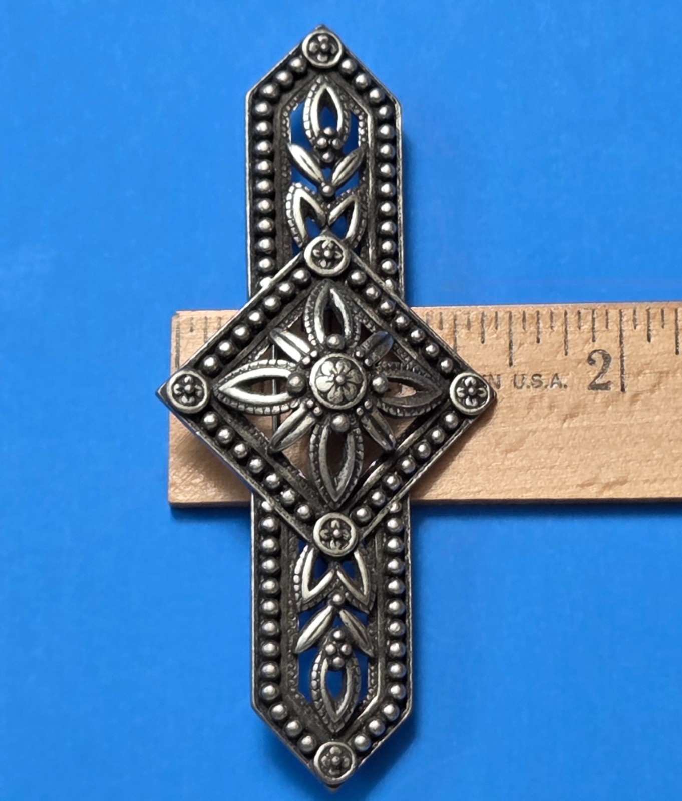 Vintage JJ Art Nouveau Pin Bar Brooch, Silver Tone Flower, Jonette Jewelry