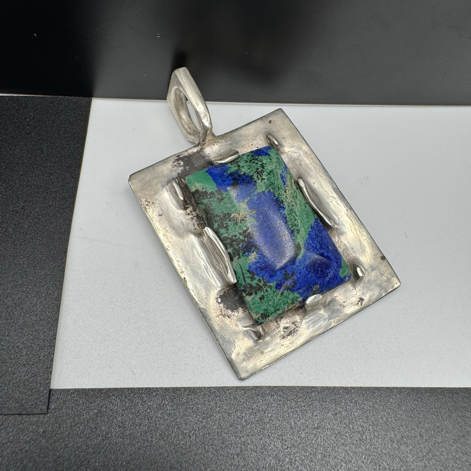 Artisan Sterling Silver Pendant Azurite Malachite 2 3/8″ x 1 1/8″ 40.0g