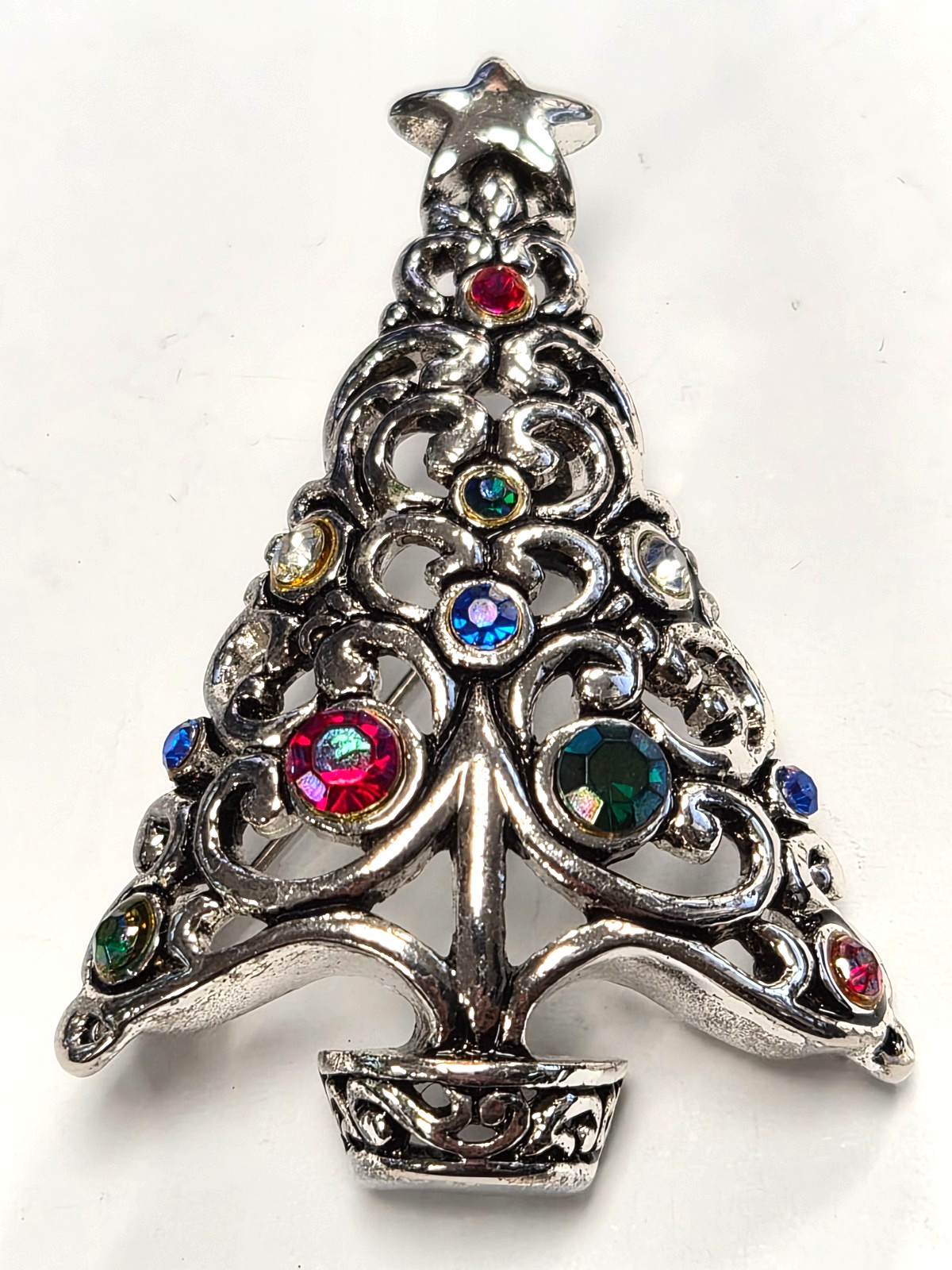 Estate Silver Tone & Rhinestone Christmas Tree Open Scroll Pendant Pin / Brooch