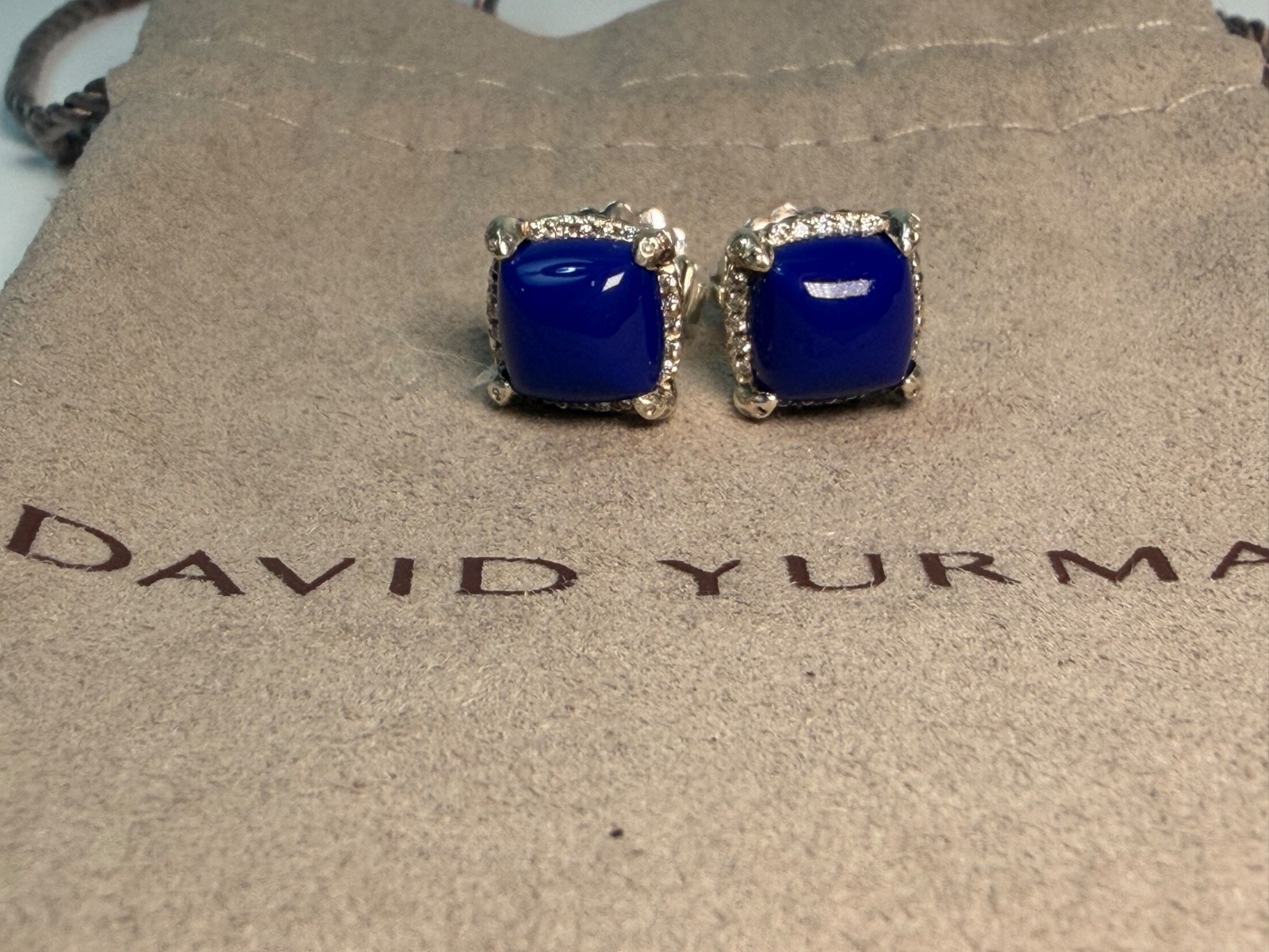 David Yurman Sterling Silver Lapis Lazuli Diamond Cable Stud Earrings 925