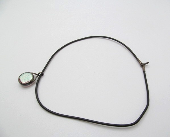 925 Sterling Silver Abstract Blue Dot Glass Foil Pendant Rubber Cord Necklace