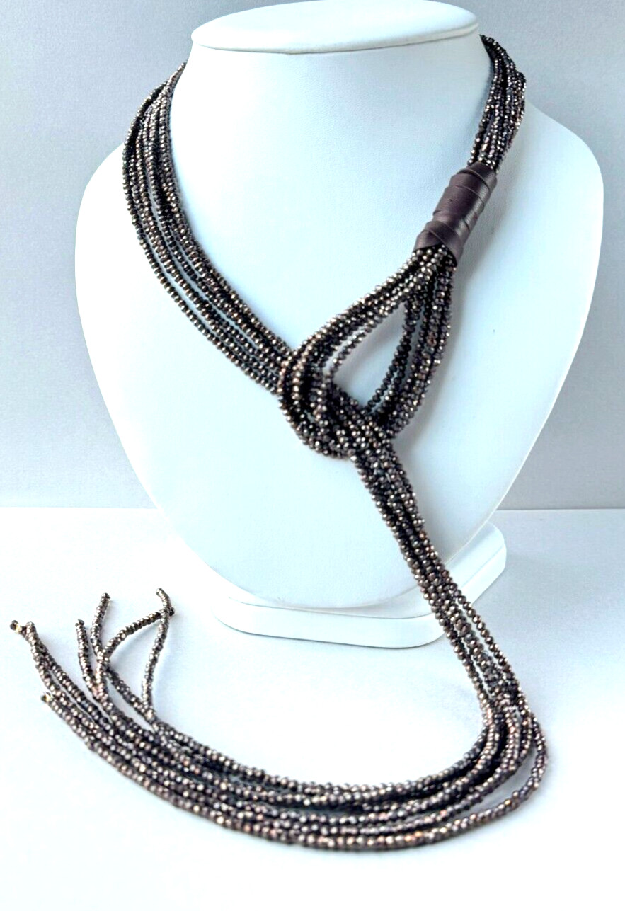 Brown Crystal Lariat Necklace: Tie Necklace, Genuine Leather, Handmade