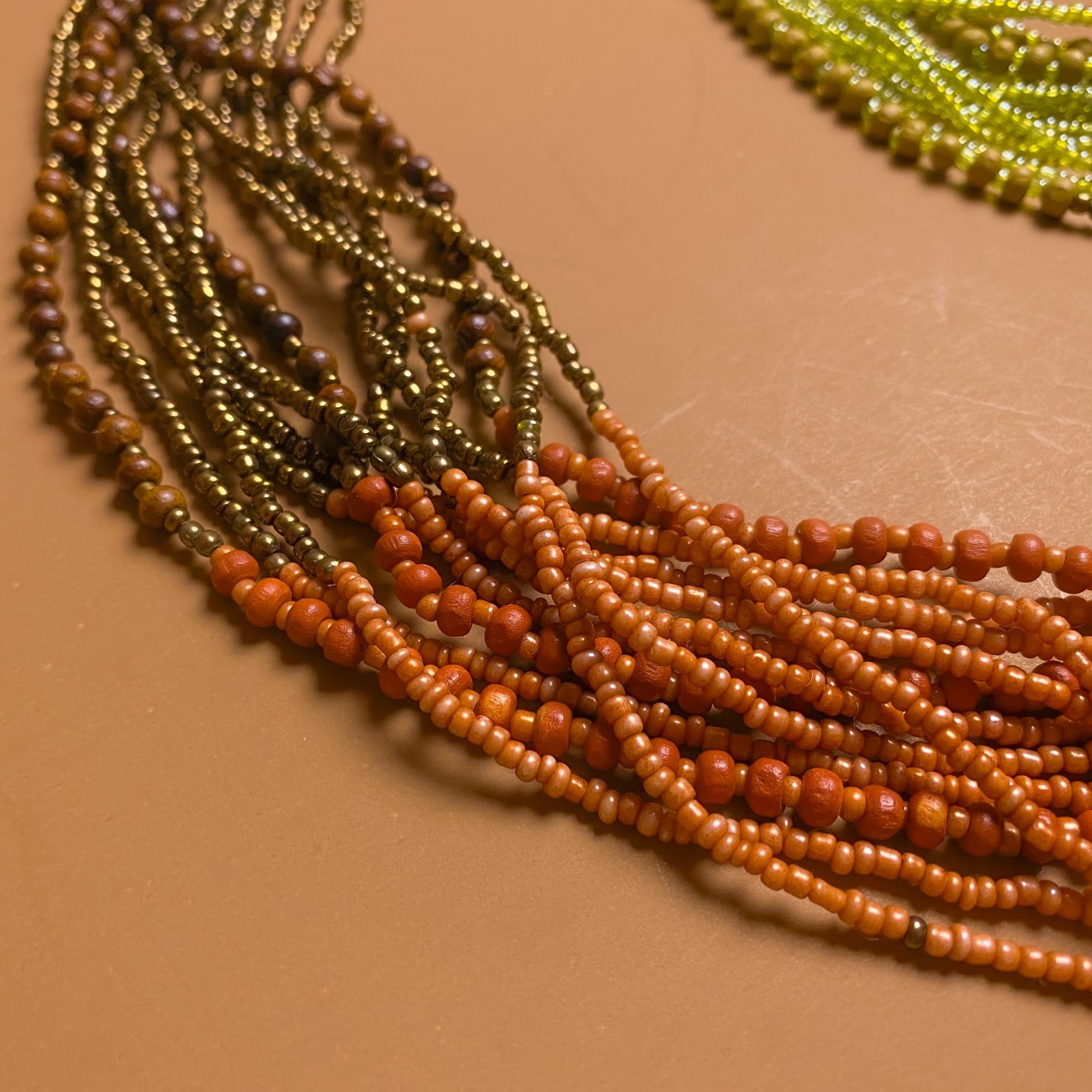 Tribal Boho Earth Tone Multi Strand Glass Wood Seed Beaded Torsade Necklace