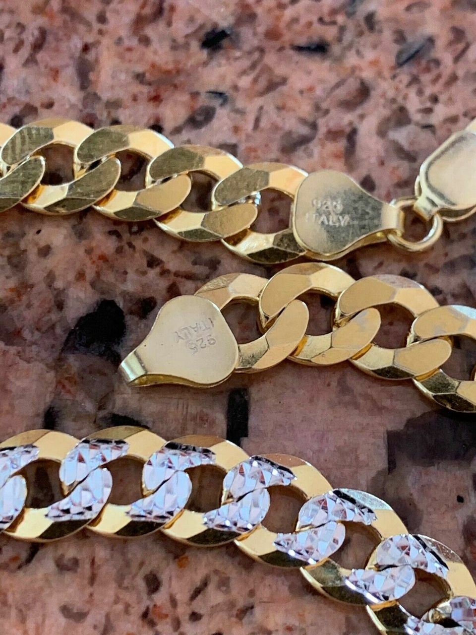 Mens Diamond Cut 8mm Cuban Chain 14k Gold Plated Solid 925 Silver Two Tone ITALY