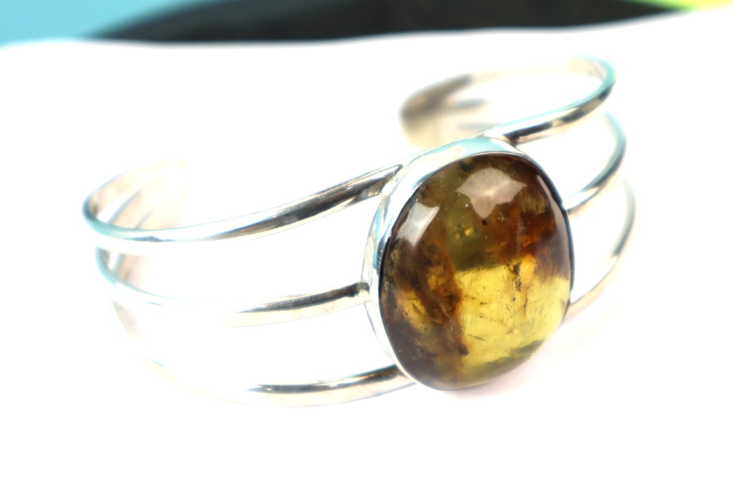 Hugh Natural Clear Green Blue Amber solid .925 Sterling Silver Cuff Bangle 7inch