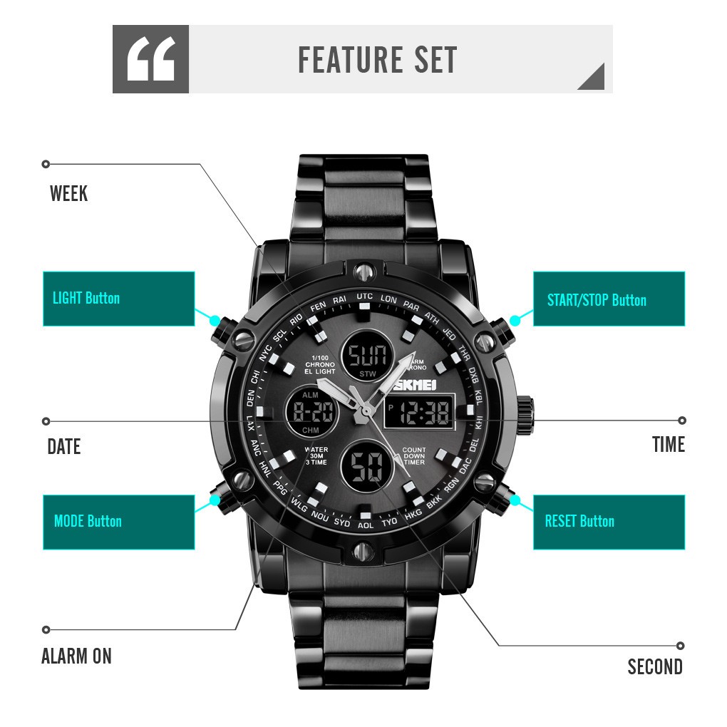 SKMEI Men Quartz Watch LED Digital Steel Wristwatch Casual Business Male Watches