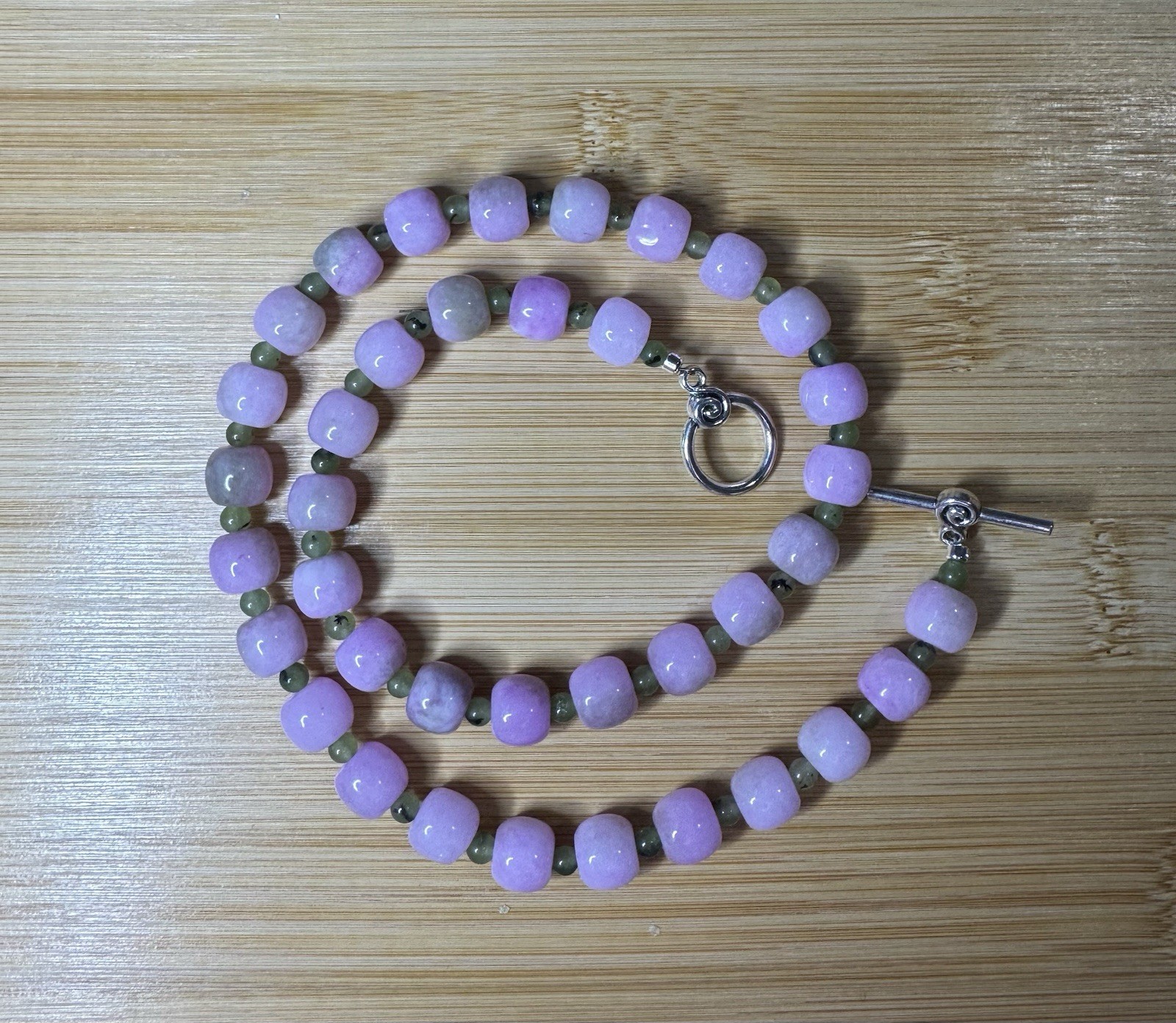 Pink&Green Quartzite Beaded Necklace, Toggle Clasp 20in length