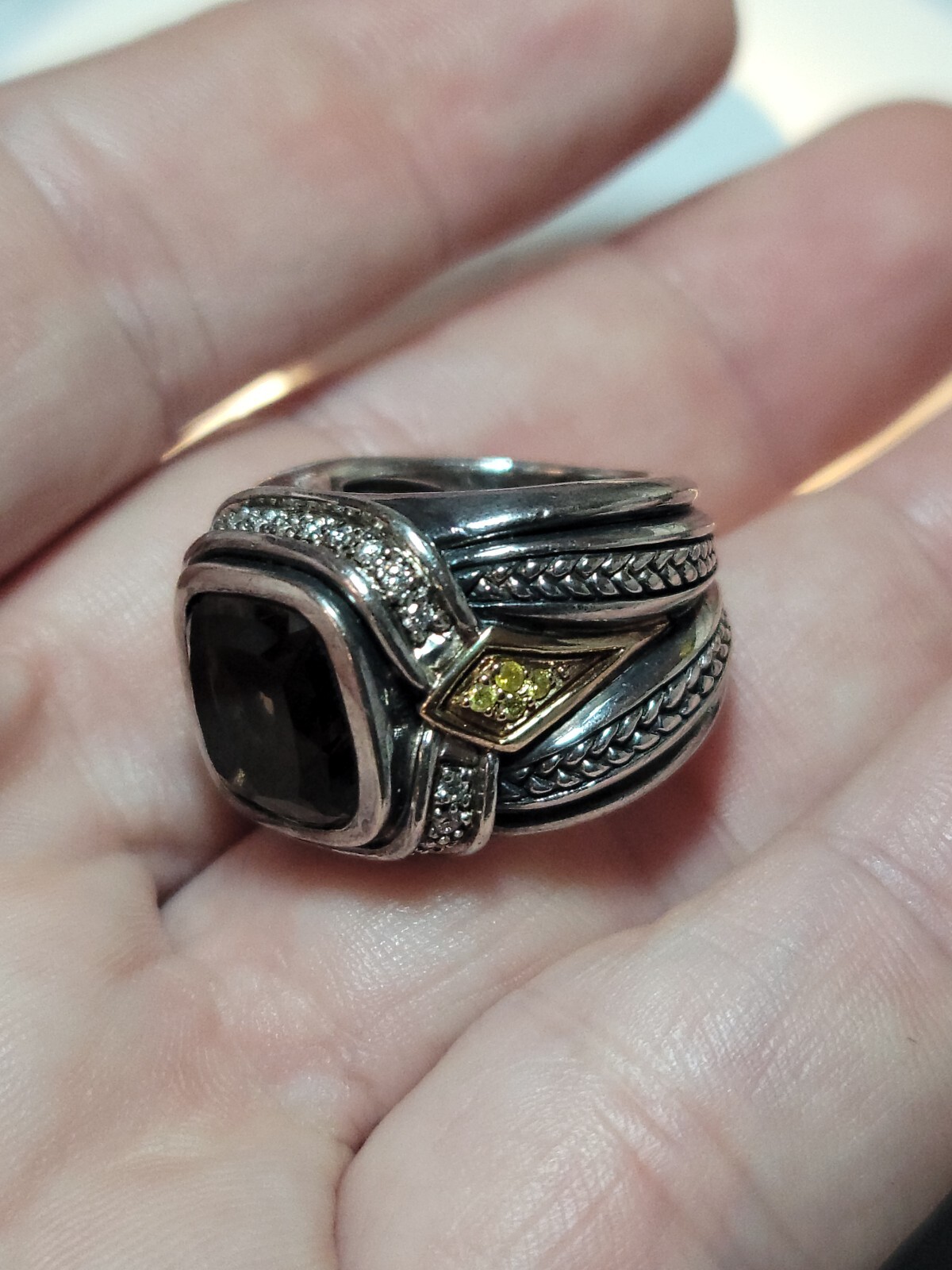 Scott Kay Smokey Quartz & Diamond Ring 6.5. Yellow And White Diamonds.