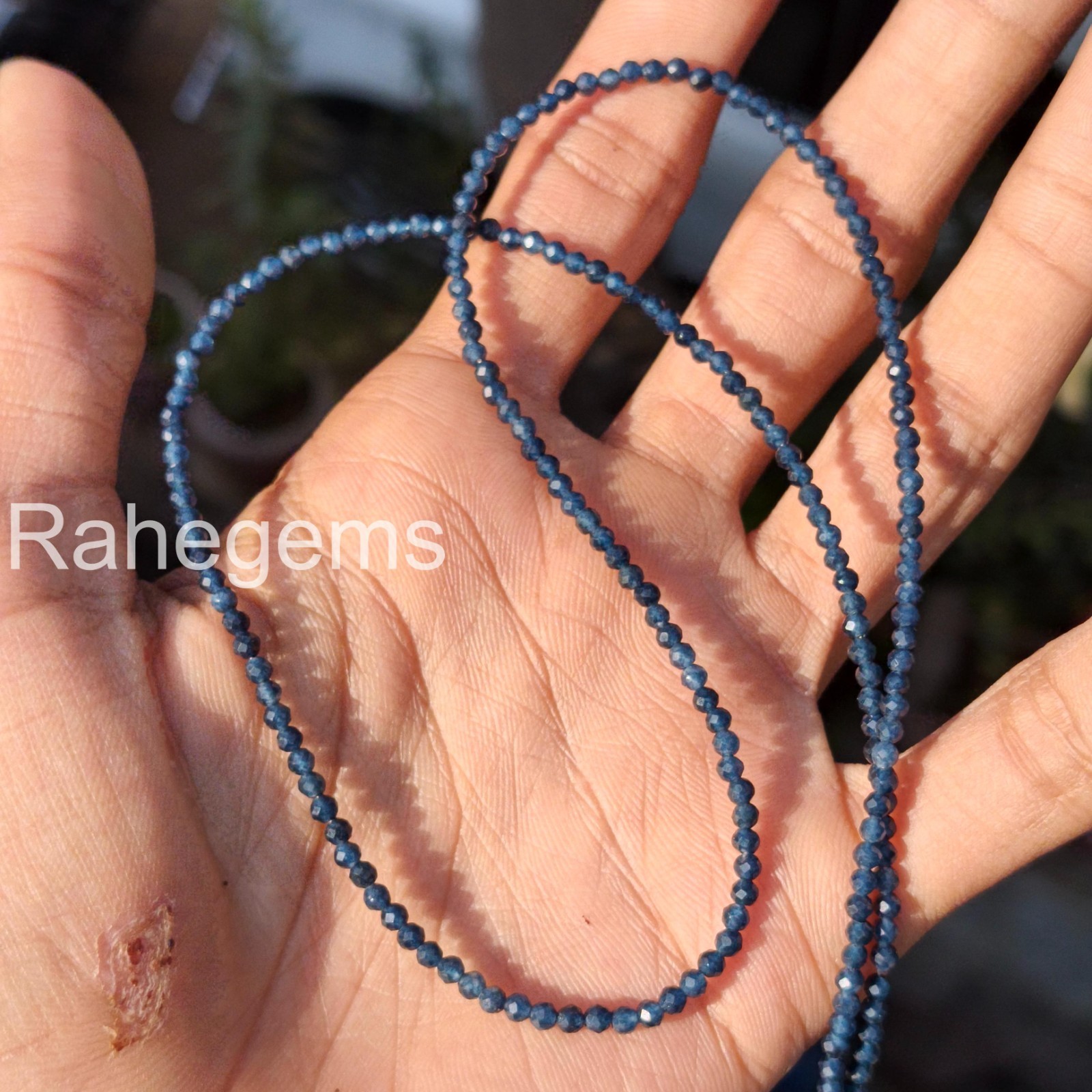 Blue Sapphire Necklace 2mm Micro Faceted Beads, Dainty Real Gemstone Choker, Min