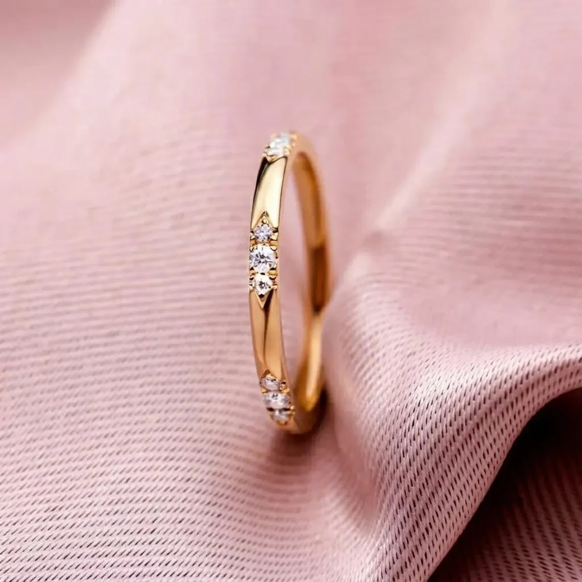 0.23 CT Round Cut Flush Set Moissanite Wedding Band 14K Yellow Gold Plated