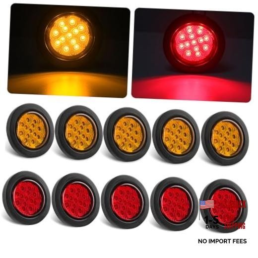 Konrali 2.5″ Round LED Marker Lights 13 LEDs w/Reflectors, 5 Amber + 5 Red 2