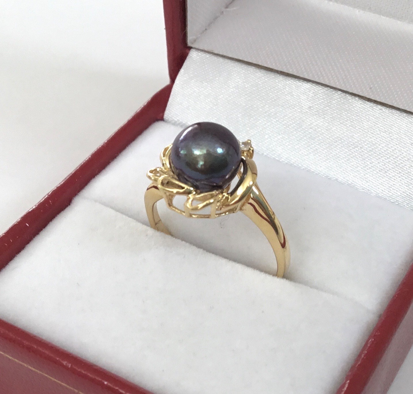 Unique Solid 14K Yellow Gold Black Cultured Pearl & Diamond Rings NEW