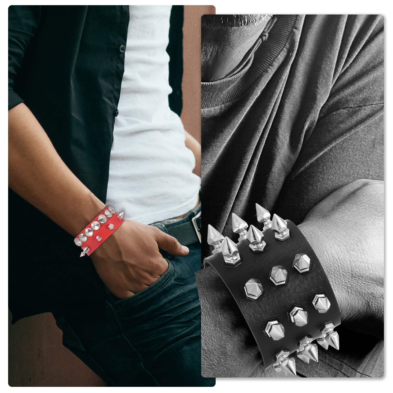 2Pack Leather Punk Bracelet 9.8″/25cm Layered Row Spikes Goth Bracelet White