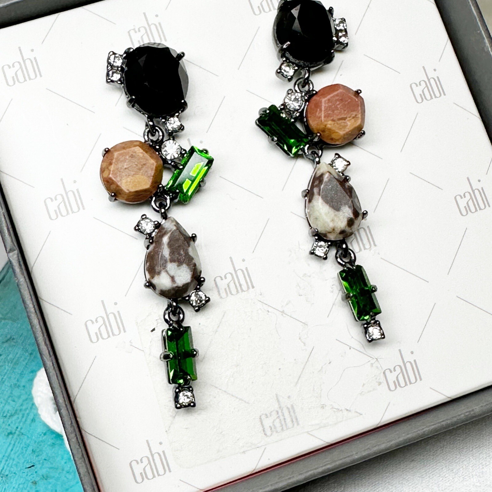 Cabi Rockstar Gemstone Crystal Dangle Earrings Dust Bag Paperwork Box New w/Box